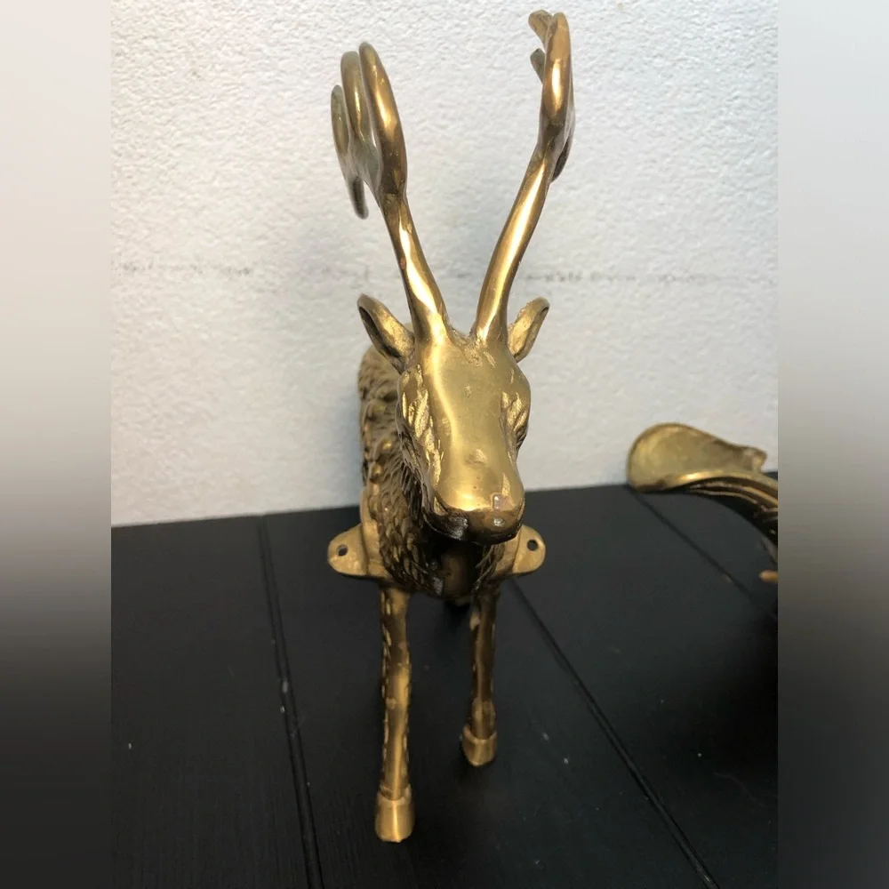 VINTAGE  LARGE BRASS REINDEER SLEIGH CHERUB SET CHRISTMAS HEAVY